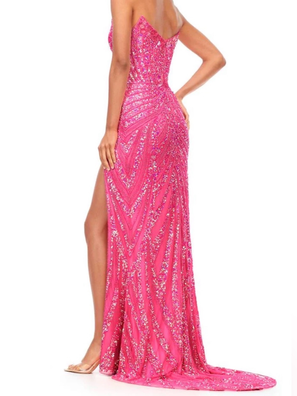 Ashley Lauren, #11236 Strapless Bright Pink Floral Sequin Gown. Women Size 16 - Picture 5 of 14